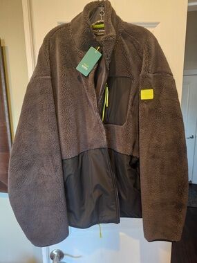 Men's Brown Sherpa Jacket with Black Panels and Neon Accents